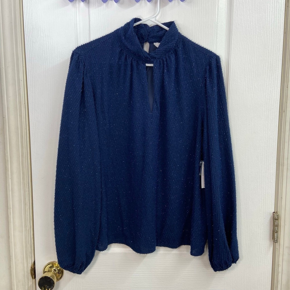 NEW Nine West blue shimmery textured twist high neck loose long sleeve blouse XL